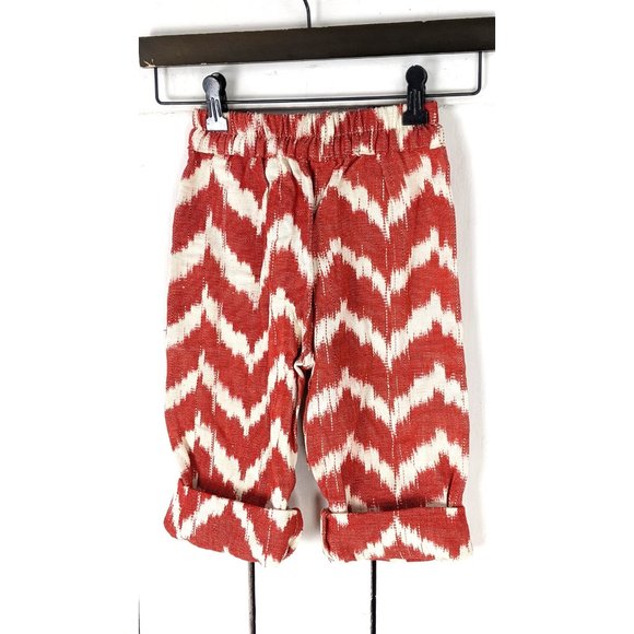 Kids childrens red white IKAT zigzag print woven cotton stretch waist pants - Picture 4 of 4